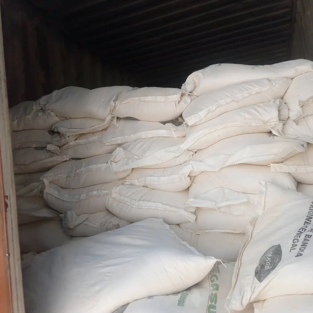 Sacs de calcium empilés dans un conteneur pour l'export.